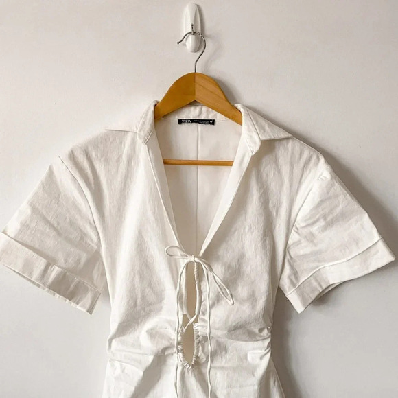 Zara Stretch Linen Blend Shirt Mini Dress Ecru White Blogger Fav Size Small - Picture 7 of 11